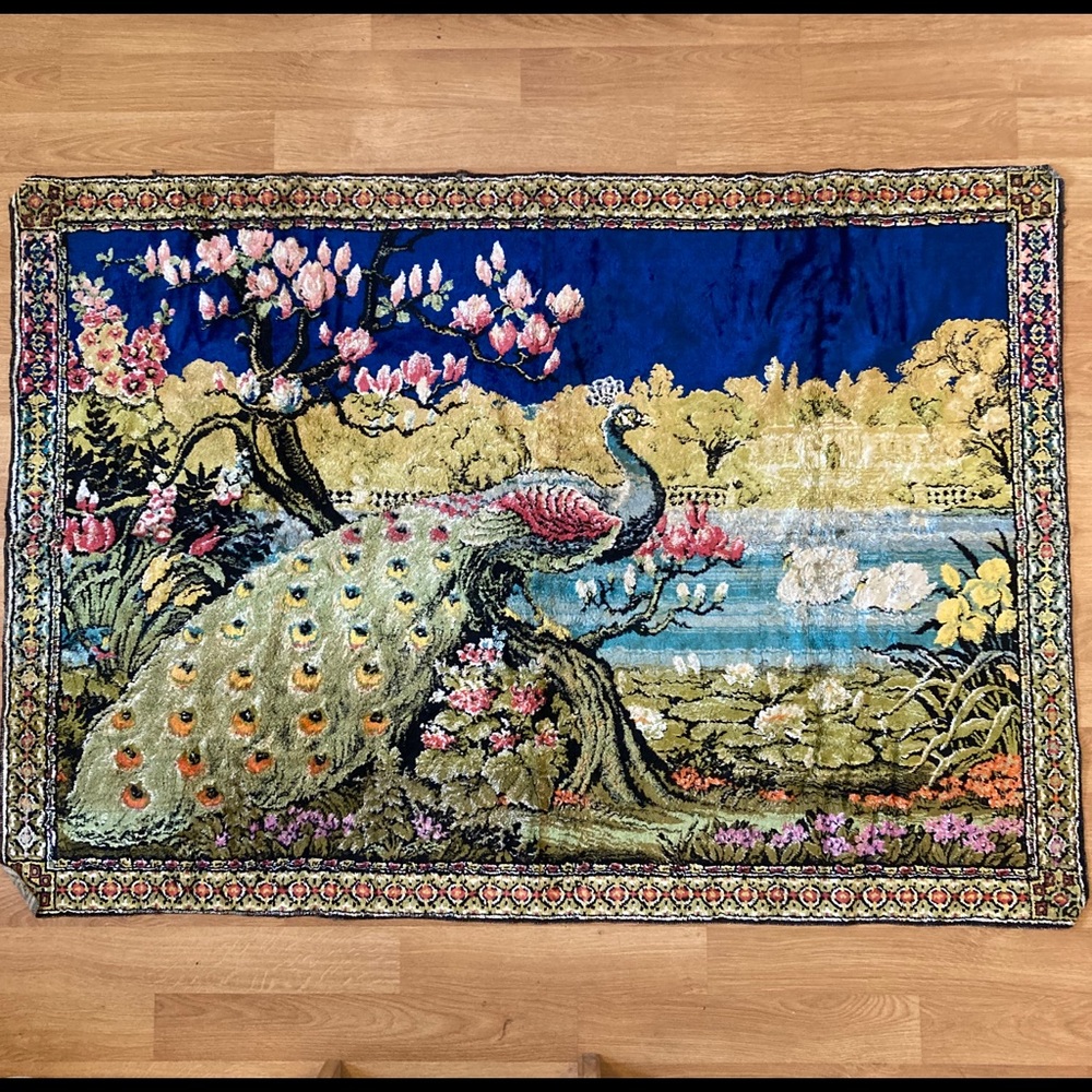 Large Vintage Brightly Colored Peacock Tapestry